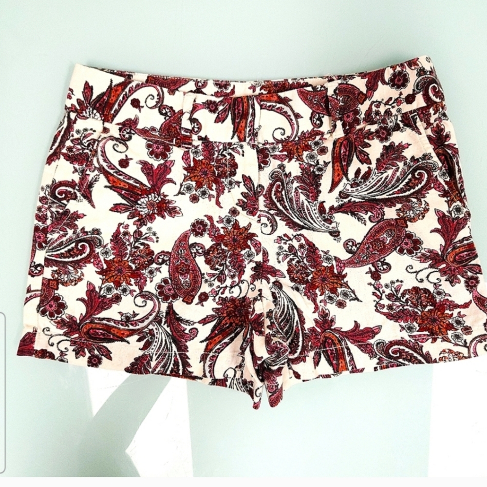 LOFT High Waist Floral Paisley Shorts - Burgundy and White